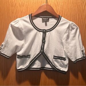 Bebe Cropped White Cardigan with Black Accents